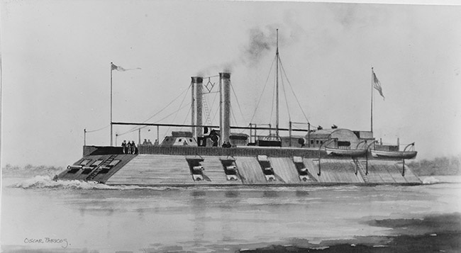 Ironclad gunboat with American flags on river