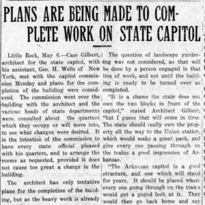 "Plans are being made to complete work on State Capitol" newspaper clipping