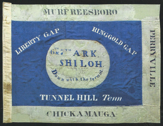Blue and white flag with white center and blue text and text saying "Murfreesboro Liberty Gap Ringgold Gap 6th and 7th Ark. Shiloh Down with the Tyrant Tunnel Hill Tenn Perryville Chickamauga"