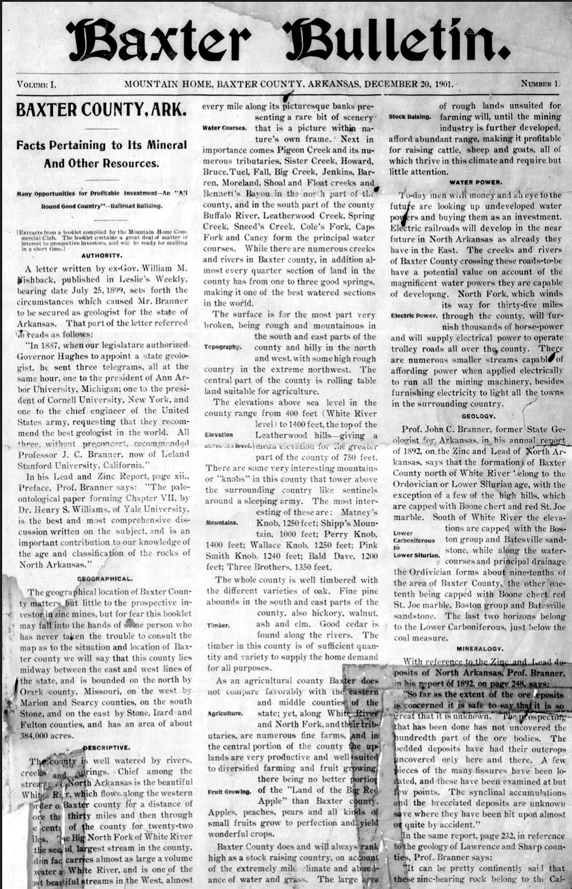"Baxter County, Arkansas facts pertaining to its mineral and other resources" newspaper clipping