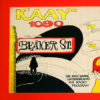 Hand drawn red yellow and black "KAAY 1090 Beaker Street" flyer with a bearded man holding radio vinyl records and ringed planet on it