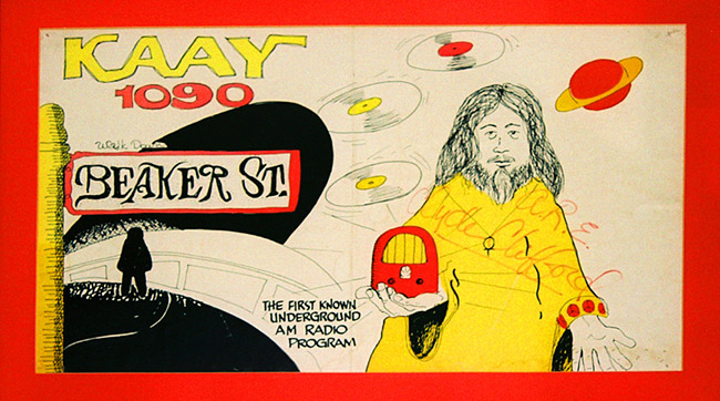Hand drawn red yellow and black "KAAY 1090 Beaker Street" flyer with a bearded man holding radio vinyl records and ringed planet on it