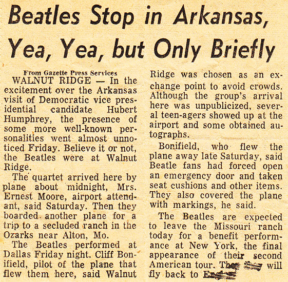 "Beatles stop in Arkansas yea yea but only briefly" newspaper clipping