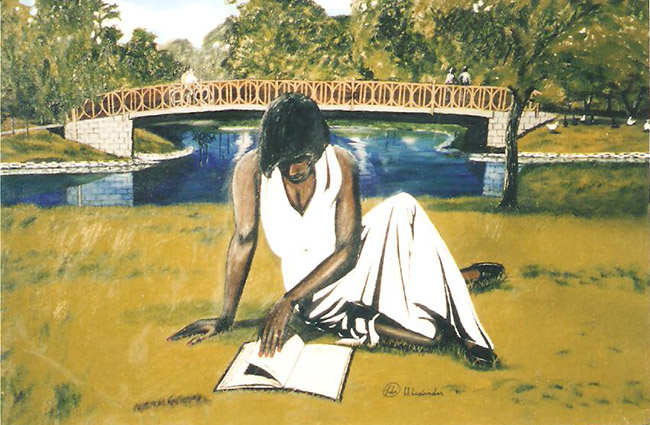 Painting of black person in a white dress sitting on grass reading a book with bridge trees and water behind