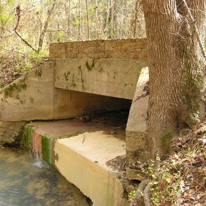 Abandoned concrete bridge with fieldstone railings in forested area