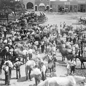 White men and horses with wagons in crowded street
