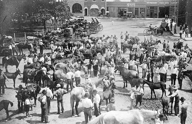 White men and horses with wagons in crowded street