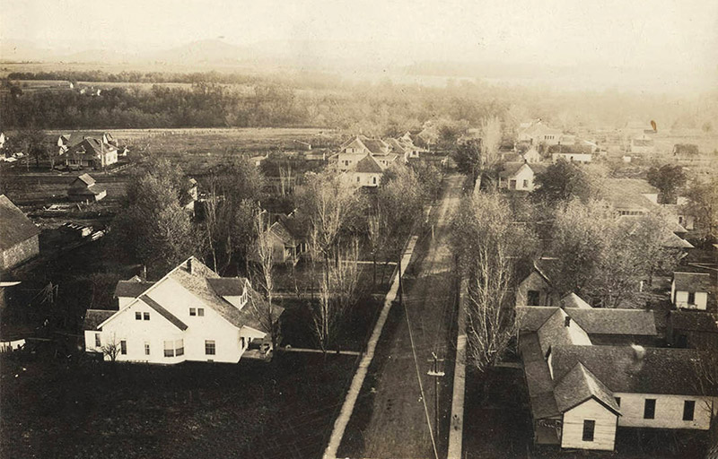 Rows of multistory and single-story houses in neighborhood with bare trees as seen from above
