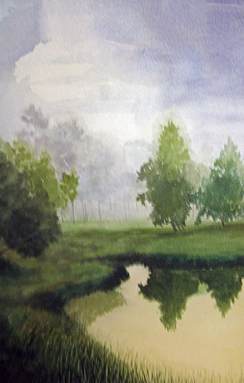 Trees and pond with gray skies