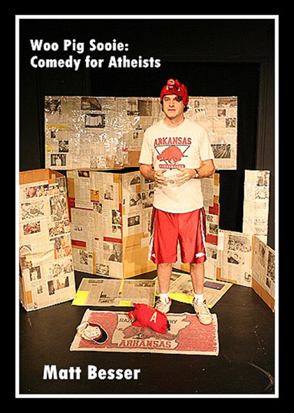 White man with hog hat in tee-shirt and shorts standing on Arkansas rug surrounded by newspaper clippings on black background with white text and borders