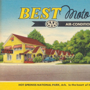 Multistory motel building with identical housing units office building and logo on post card