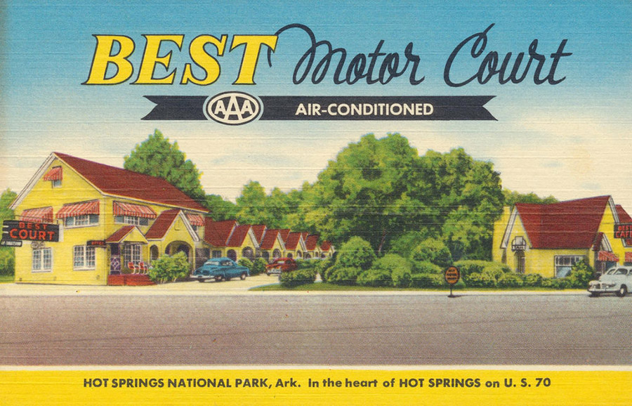 Multistory motel building with identical housing units office building and logo on post card