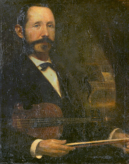 Portrait of white man with mustache in suit holding a violin