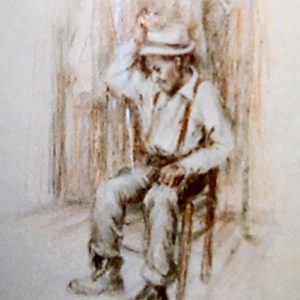 Old white man with hat sitting in wooden chair
