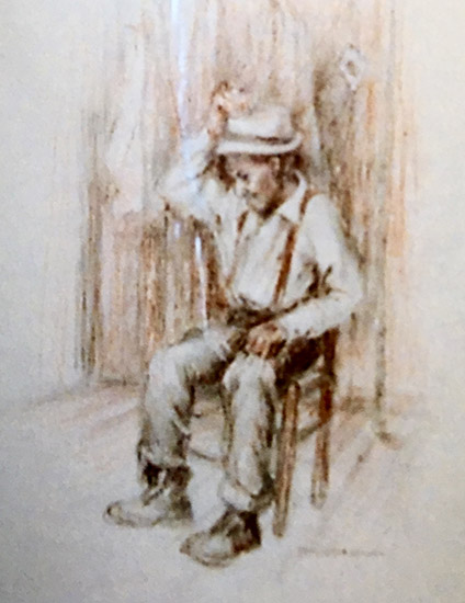 Old white man with hat sitting in wooden chair