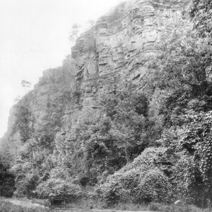 Rocky hillside covered in trees at its base with dirt road and car
