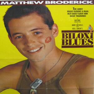 Young white man in sleeveless shirt with dog tags around his neck on yellow background with "Biloxi Blues" logo and text