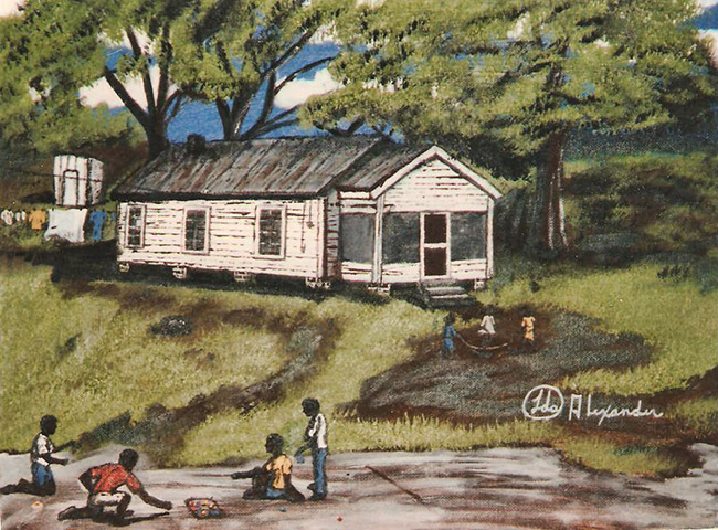 Painting of single-story white house with African-American children at play in front and laundry drying on a line