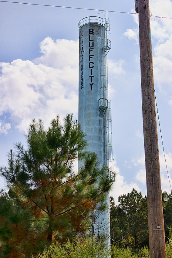 Cylindrical "Bluff City" water tower with trees at its base