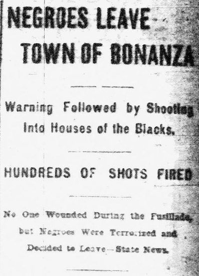 "Negroes leave town of Bonanza" newspaper clipping
