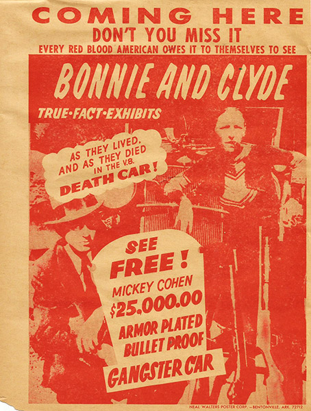Red and white advertisement with white man and woman with car and guns "Bonnie and Clyde"