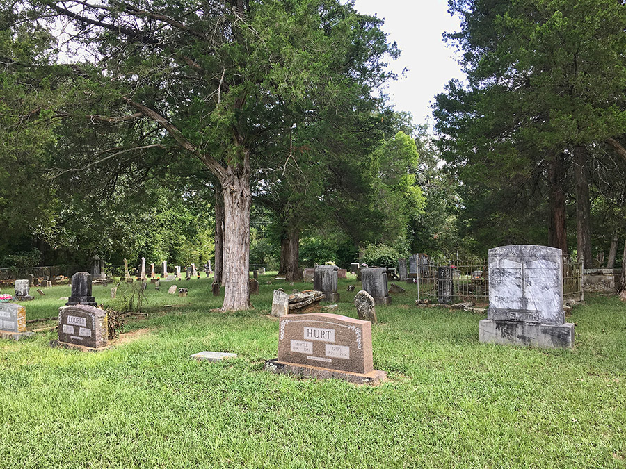Weathered gravestones and trees in cemetery