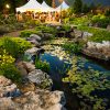 white marquees with people gathered underneath at evening time with a lilypad covered pond with rocks and small waterfall feature