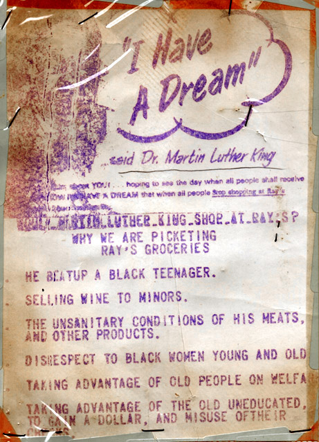 African-American man on "I Have A Dream" flyer with text pertaining to Ray's Groceries protest