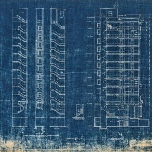 Faded multistory building blueprints