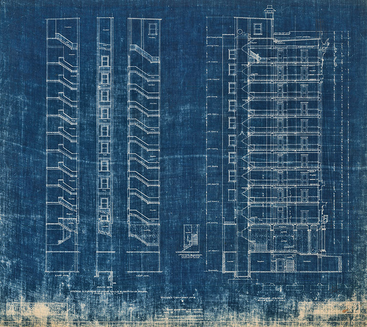 Faded multistory building blueprints