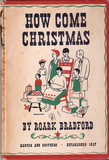 Cartoon of a family with presents on book cover with black text "How Come Christmas"