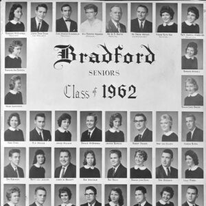 "Bradford Seniors Class of 1962" yearbook page with white student and faculty photographs
