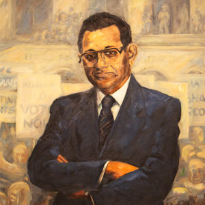 Painting of African American man in suit and glasses with arms crossed