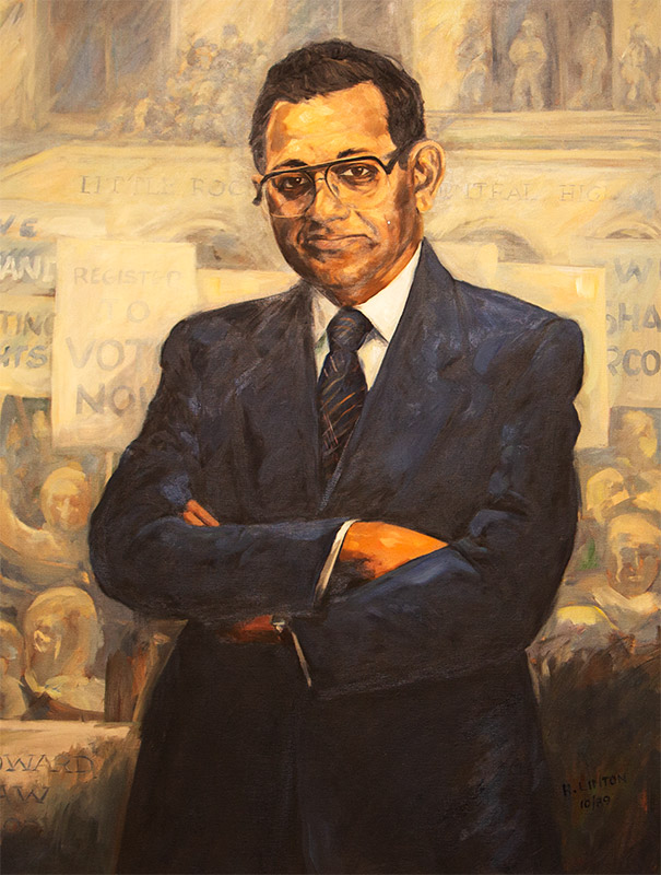 Painting of African American man in suit and glasses with arms crossed
