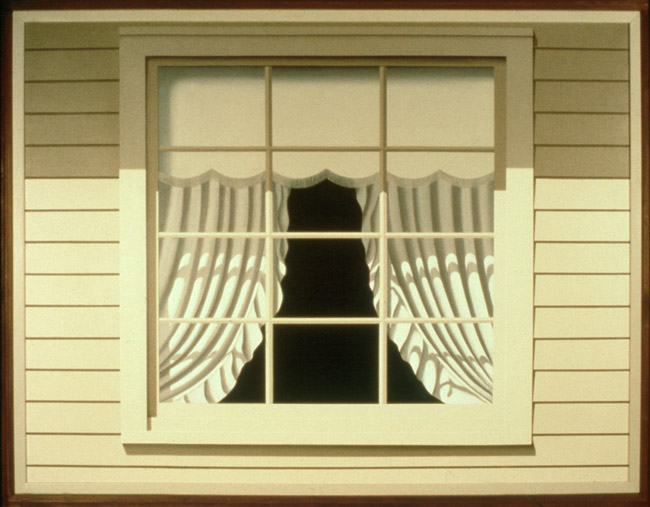 Painting centered wood frame window with symmetrical shade and curtains parted revealing flat black interior