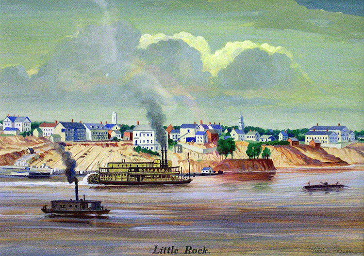 Steamboats on river with multistory town buildings and church with steeple in the background