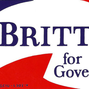 red and blue graphics with elephant with white stripe and stars "Britt for Governor 86"