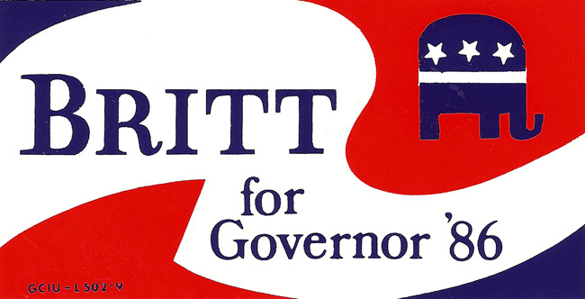 red and blue graphics with elephant with white stripe and stars "Britt for Governor 86"