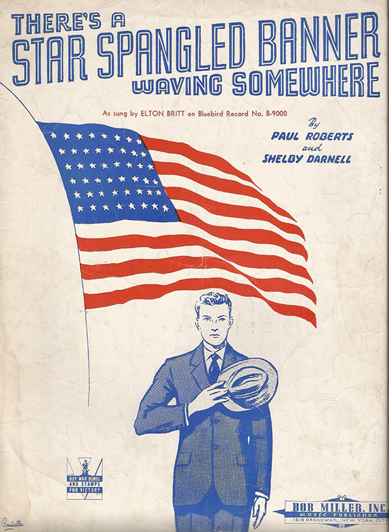 White man in suit with hat over his heart below American flag drawing and text on sheet music cover