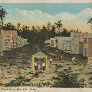 Postcard with painting of people and horse drawn wagons in dirt road with rows of buildings on both sides and trees in background