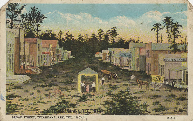 Postcard with painting of people and horse drawn wagons in dirt road with rows of buildings on both sides and trees in background