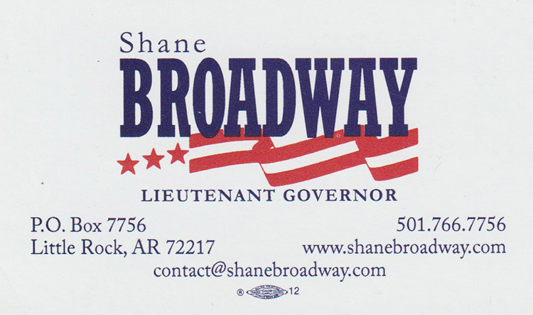 "Shane Broadway Lieutenant Governor" card with contact information in blue