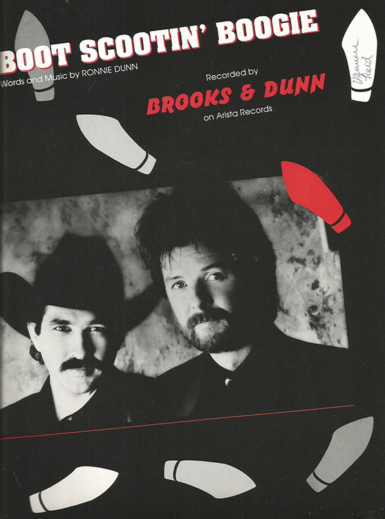 White man with beard and cowboy hat and white man with beard on black background with red and white text and footstep designs