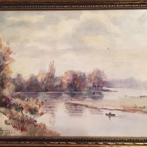 Framed painting of man in boat on river