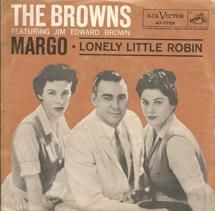 White man standing in between two white women on album cover with text on orange background