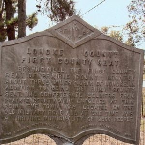 Historical marker sign for "Lonoke County First County Seat"