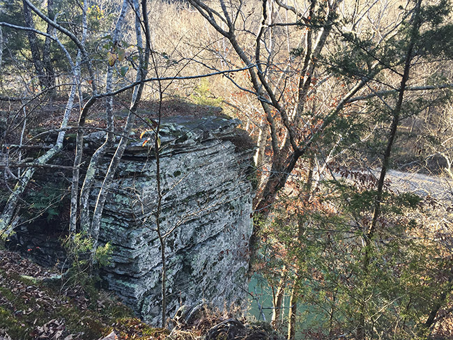 Limestone outcropping in forested area over river