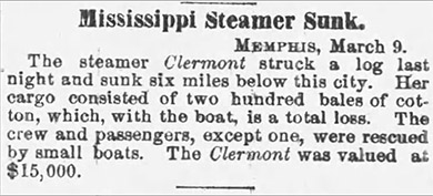 "Mississippi Steamer Sunk" newspaper clipping