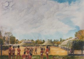 Native American men and women standing in clearing surrounded by mound buildings and trees