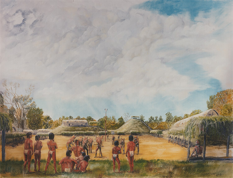 Native American men and women standing in clearing surrounded by mound buildings and trees